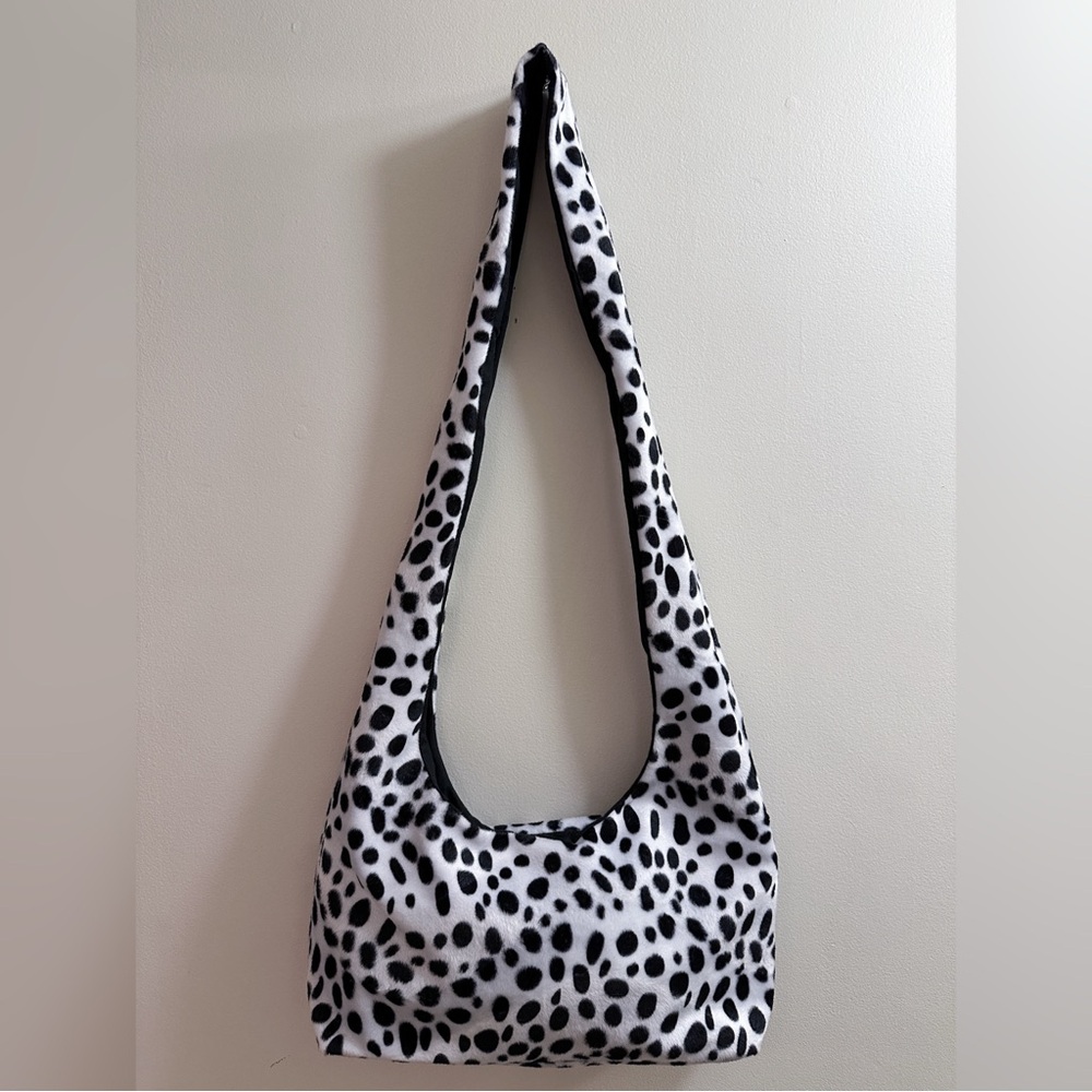 Handmade White Black Spots Dalmatian Animal Print Short Faux Fur Crossbody Bag